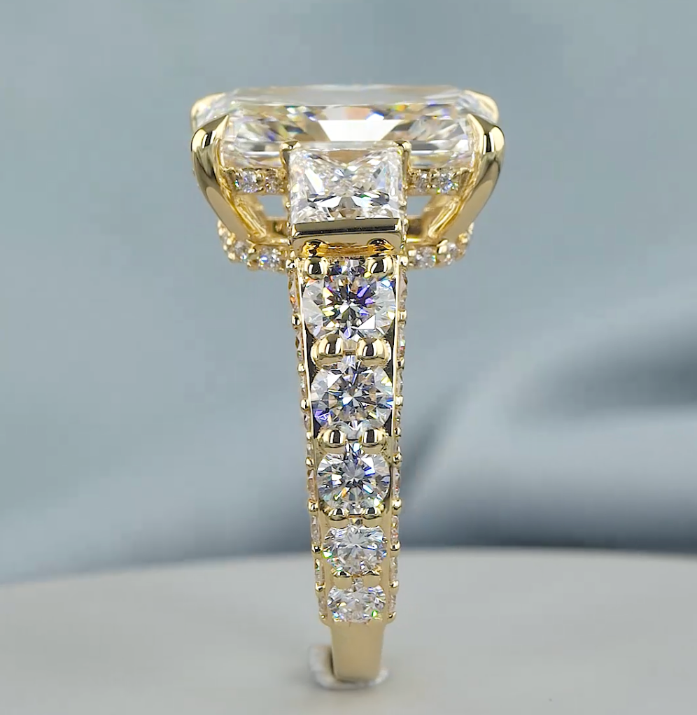 8.75 CT Radiant Cut Lab Grown Diamond Engagement Ring | Princess & Round Diamond Accents | E VS1 IGI Certified