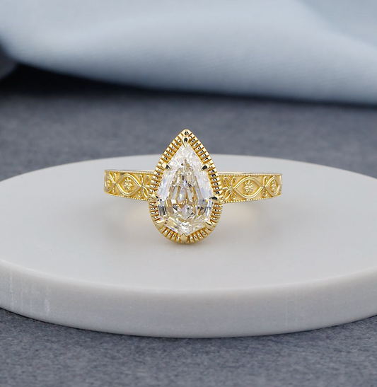 Step Cut Pear Lab Grown Diamond Vintage Ring,Milgrain Band
