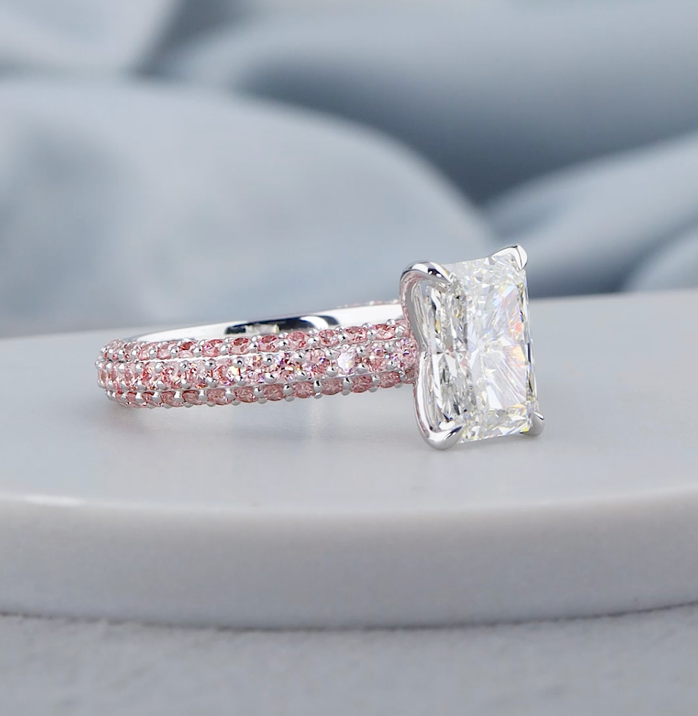 3.00 CTW Radiant Cut Lab-Grown Diamond Engagement Ring with Pink Round Diamonds | IGI Certified