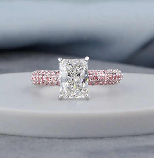 3.00 CTW Radiant Cut Lab-Grown Diamond Engagement Ring with Pink Round Diamonds | IGI Certified