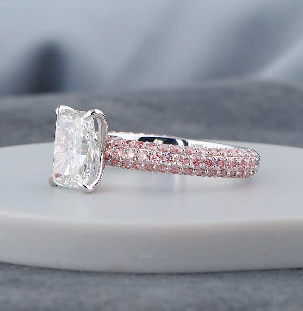 3.00 CTW Radiant Cut Lab-Grown Diamond Engagement Ring with Pink Round Diamonds | IGI Certified