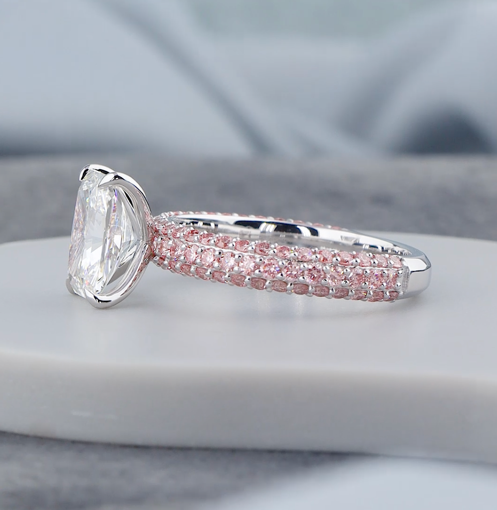 3.00 CTW Radiant Cut Lab-Grown Diamond Engagement Ring with Pink Round Diamonds | IGI Certified