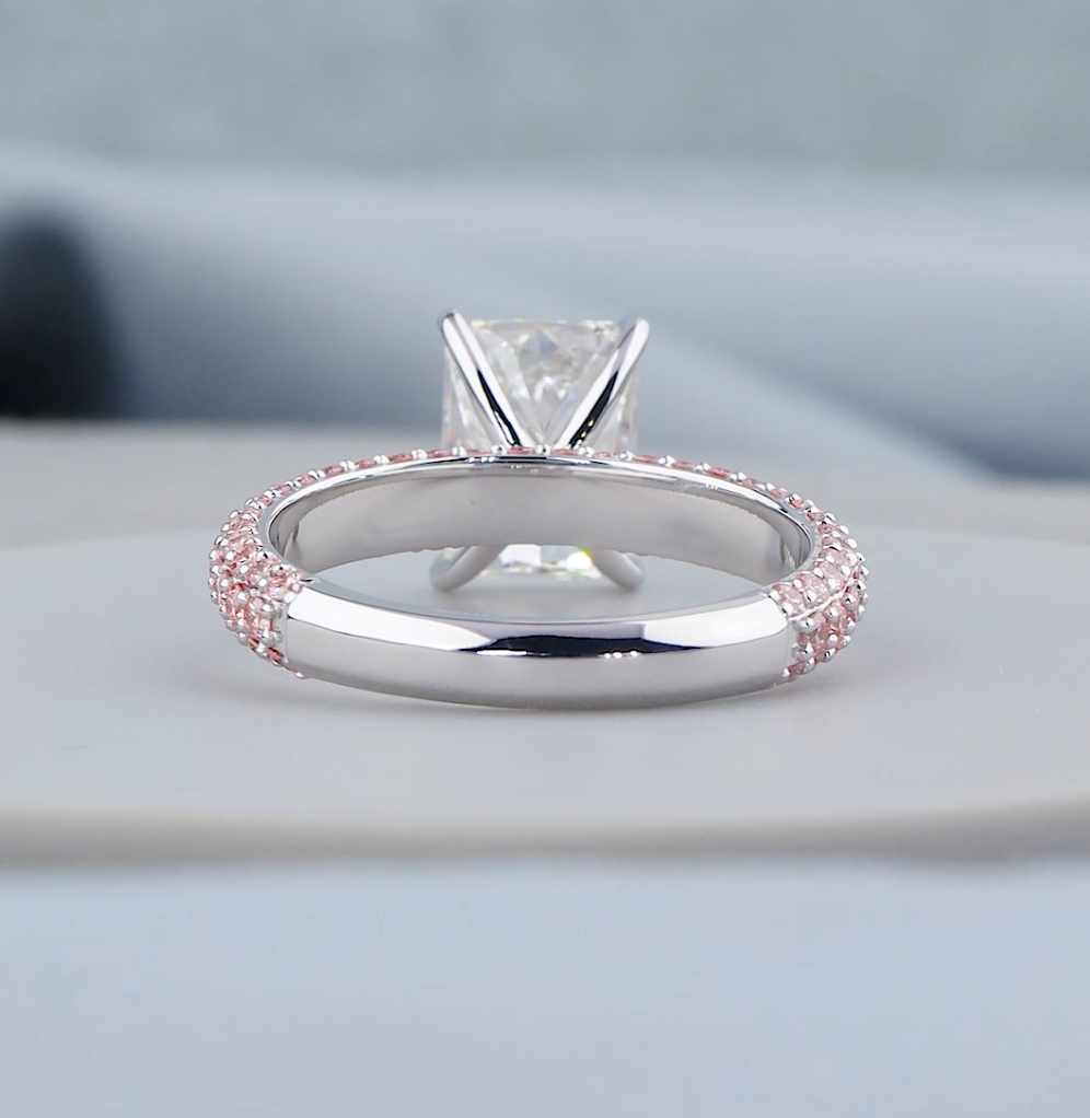 3.00 CTW Radiant Cut Lab-Grown Diamond Engagement Ring with Pink Round Diamonds | IGI Certified