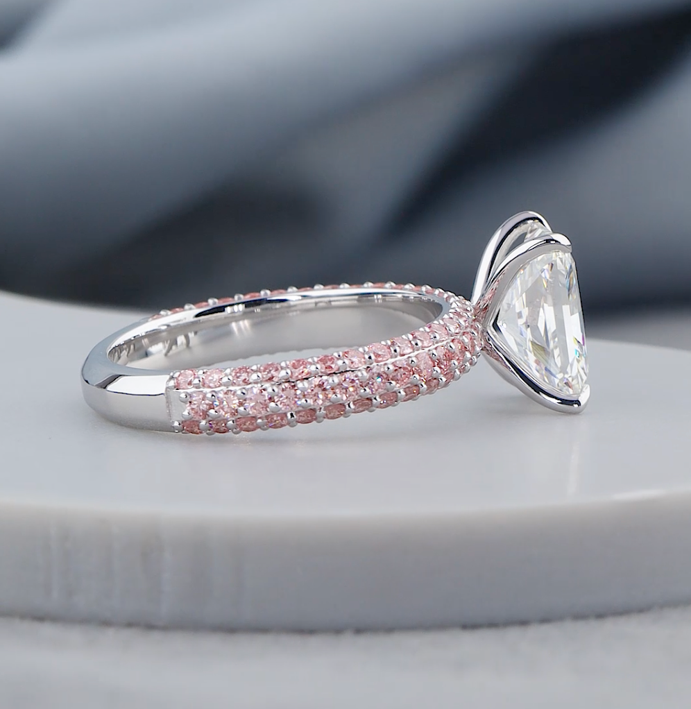 3.00 CTW Radiant Cut Lab-Grown Diamond Engagement Ring with Pink Round Diamonds | IGI Certified