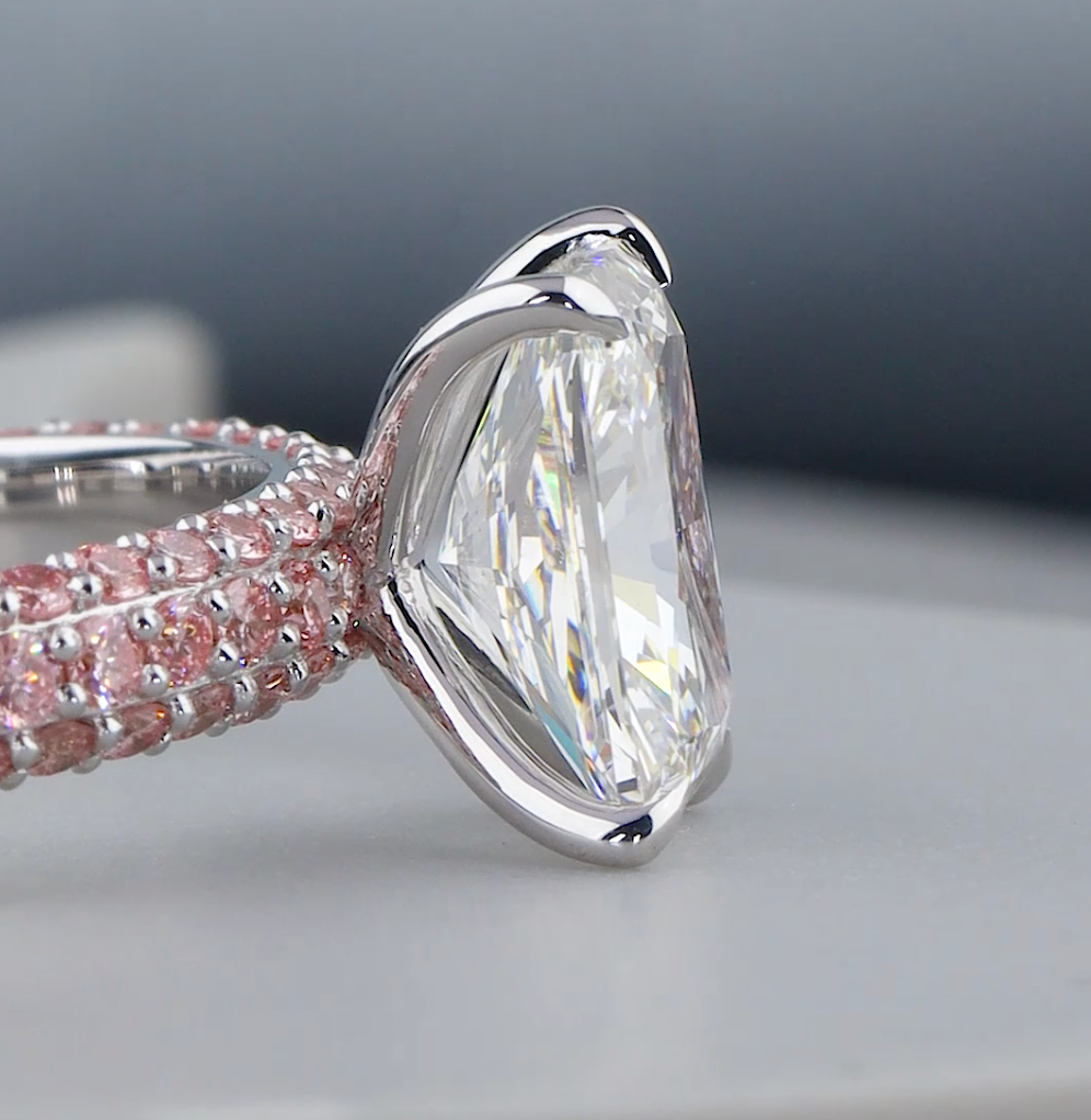 3.00 CTW Radiant Cut Lab-Grown Diamond Engagement Ring with Pink Round Diamonds | IGI Certified