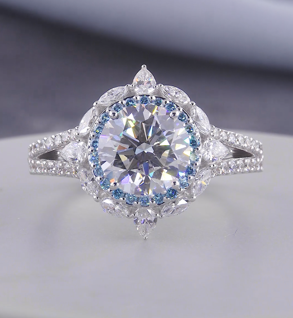 3.00 CTW Round Cut Lab-Grown Diamond Blue Halo Engagement Ring | IGI Certified | Gold & Platinum