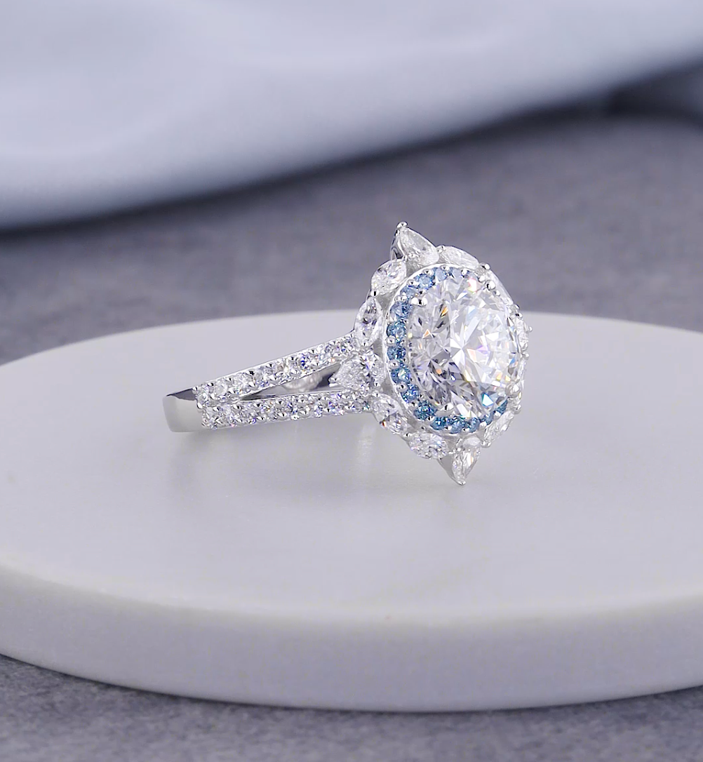 3.00 CTW Round Cut Lab-Grown Diamond Blue Halo Engagement Ring | IGI Certified | Gold & Platinum