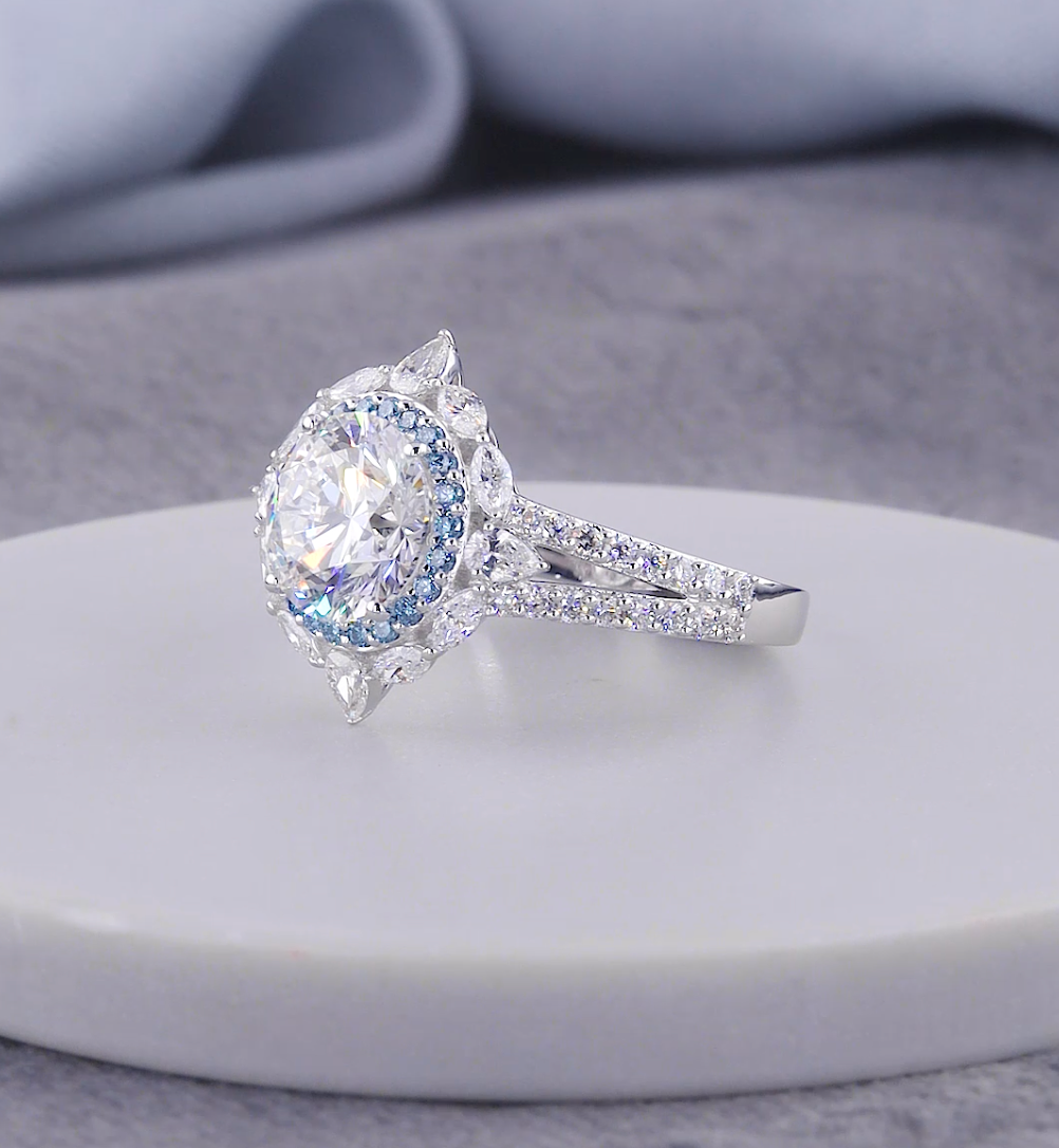 3.00 CTW Round Cut Lab-Grown Diamond Blue Halo Engagement Ring | IGI Certified | Gold & Platinum