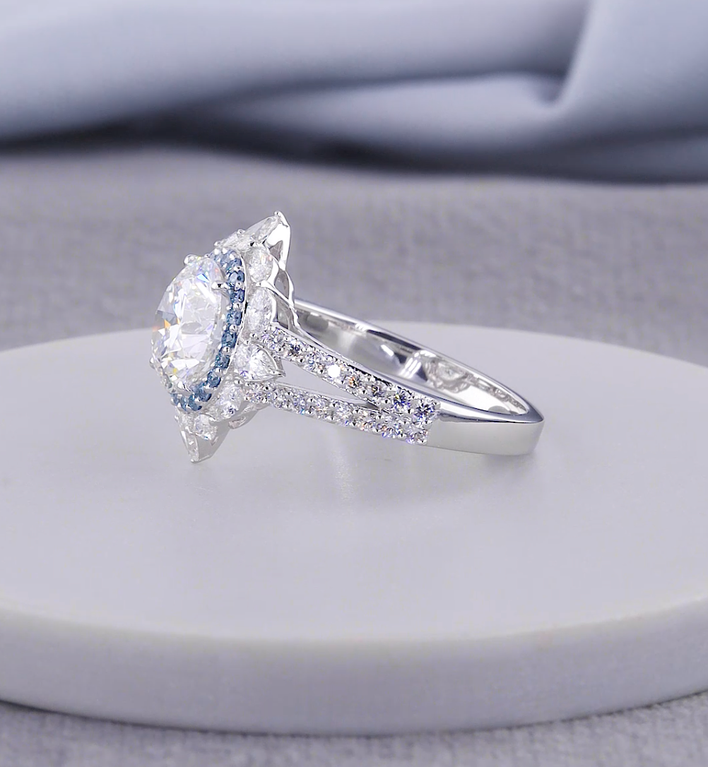 3.00 CTW Round Cut Lab-Grown Diamond Blue Halo Engagement Ring | IGI Certified | Gold & Platinum