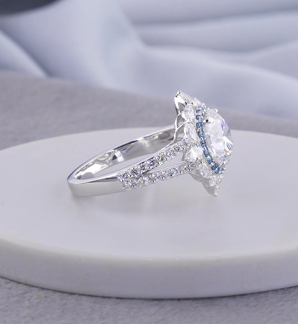 3.00 CTW Round Cut Lab-Grown Diamond Blue Halo Engagement Ring | IGI Certified | Gold & Platinum