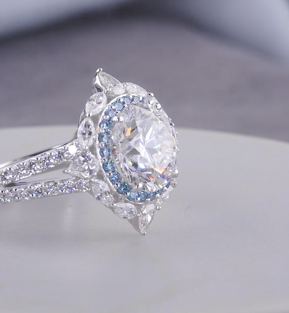 3.00 CTW Round Cut Lab-Grown Diamond Blue Halo Engagement Ring | IGI Certified | Gold & Platinum