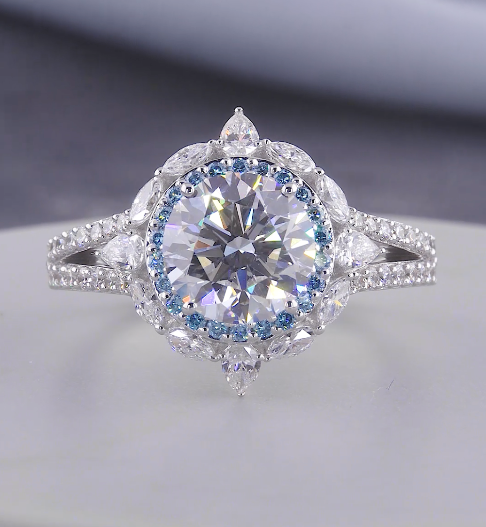 3.00 CTW Round Cut Lab-Grown Diamond Blue Halo Engagement Ring | IGI Certified | Gold & Platinum
