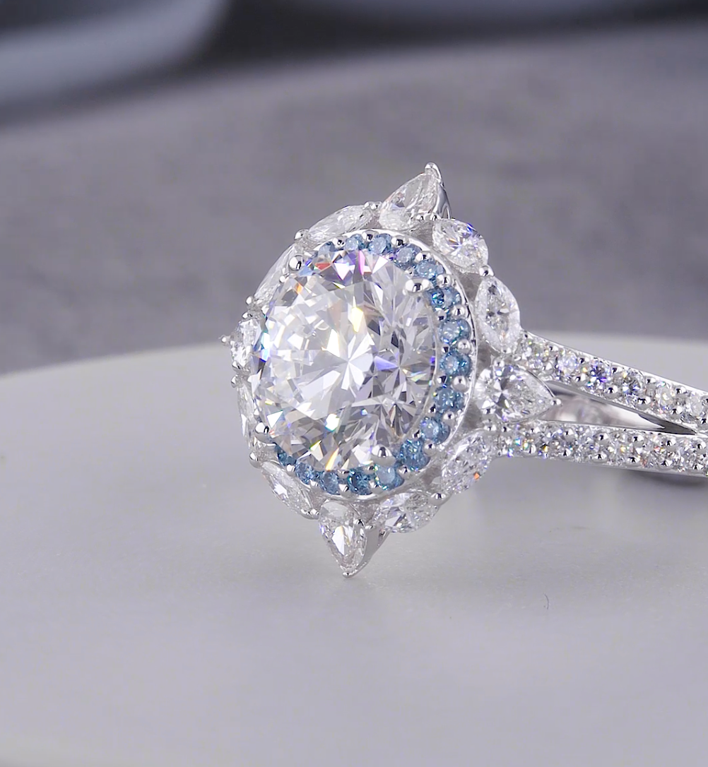 3.00 CTW Round Cut Lab-Grown Diamond Blue Halo Engagement Ring | IGI Certified | Gold & Platinum