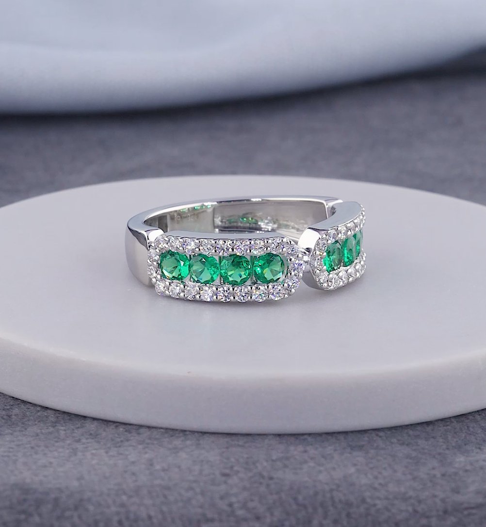 1.30 CT Green Emerald & Lab Grown Diamond Open Cuff Ring | E VS1 IGI Certified | Jenny Jewells