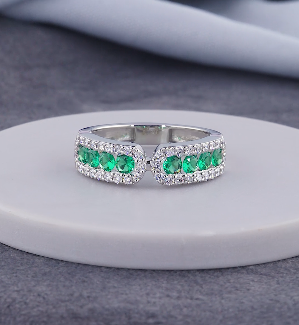 1.30 CT Green Emerald & Lab Grown Diamond Open Cuff Ring | E VS1 IGI Certified | Jenny Jewells