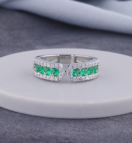 1.30 CT Green Emerald & Lab Grown Diamond Open Cuff Ring | E VS1 IGI Certified | Jenny Jewells