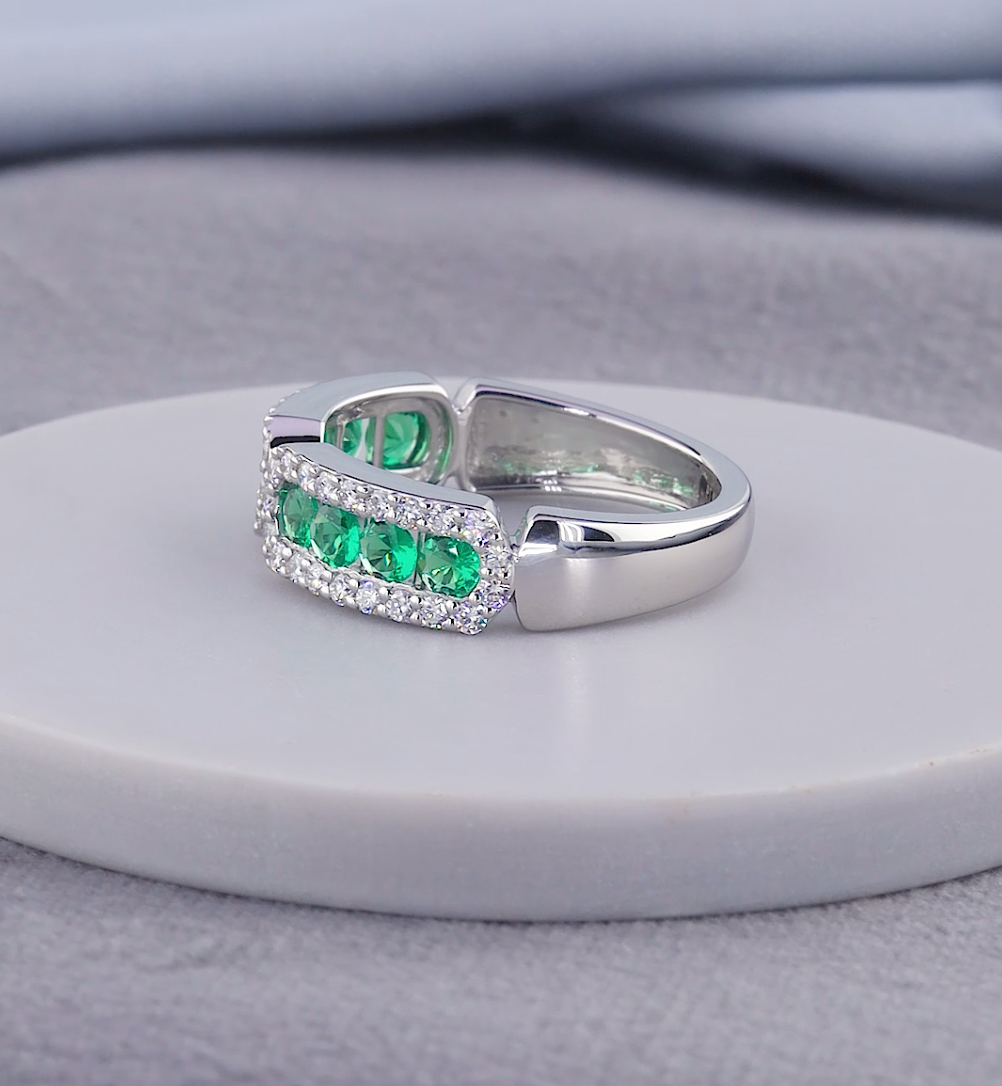 1.30 CT Green Emerald & Lab Grown Diamond Open Cuff Ring | E VS1 IGI Certified | Jenny Jewells