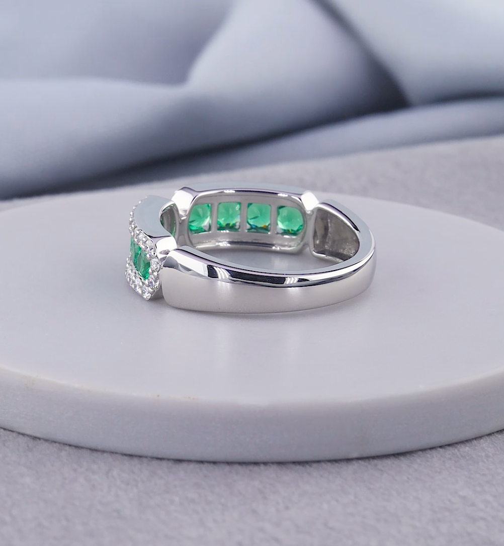 1.30 CT Green Emerald & Lab Grown Diamond Open Cuff Ring | E VS1 IGI Certified | Jenny Jewells
