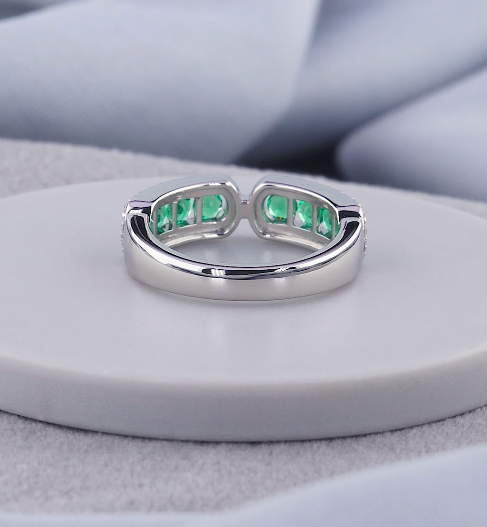 1.30 CT Green Emerald & Lab Grown Diamond Open Cuff Ring | E VS1 IGI Certified | Jenny Jewells