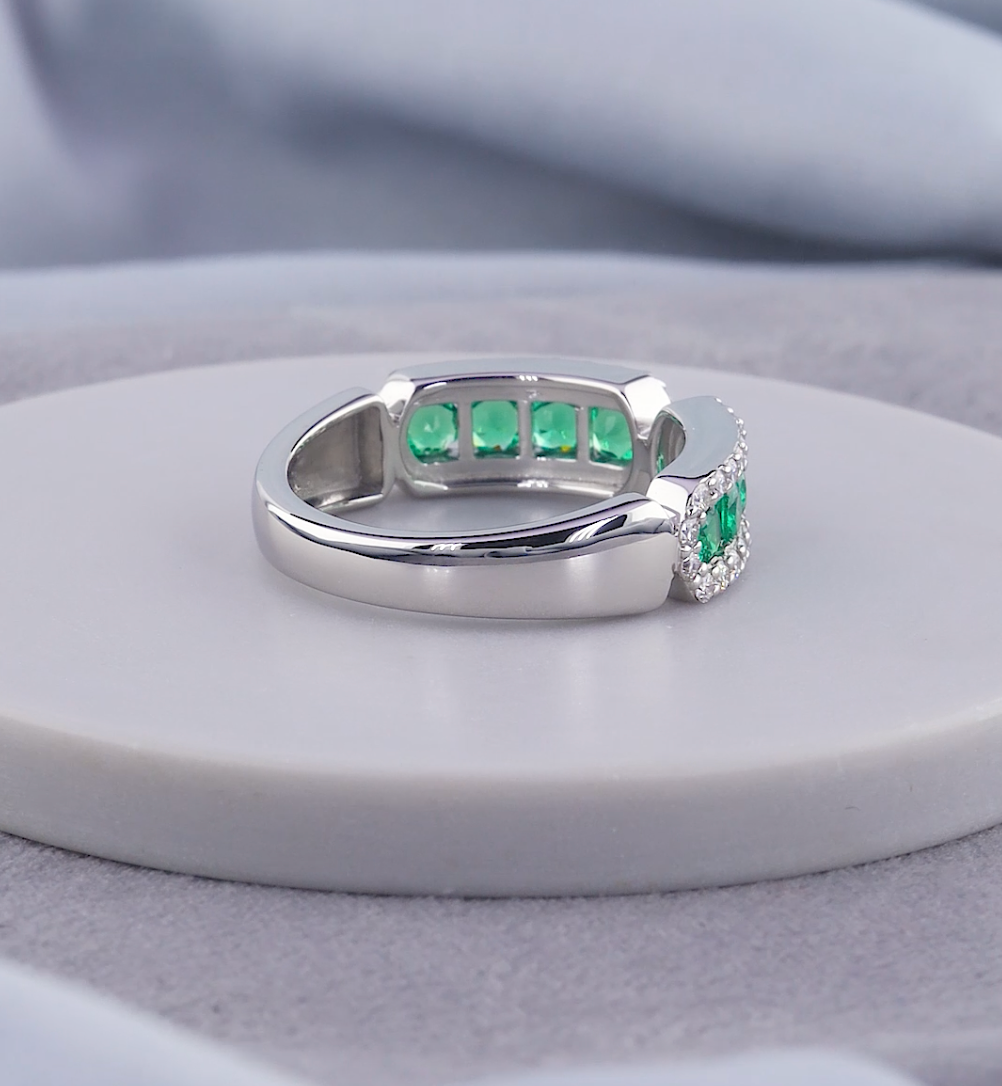 1.30 CT Green Emerald & Lab Grown Diamond Open Cuff Ring | E VS1 IGI Certified | Jenny Jewells