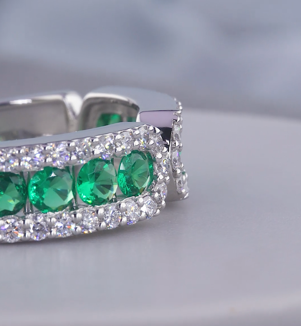 1.30 CT Green Emerald & Lab Grown Diamond Open Cuff Ring | E VS1 IGI Certified | Jenny Jewells