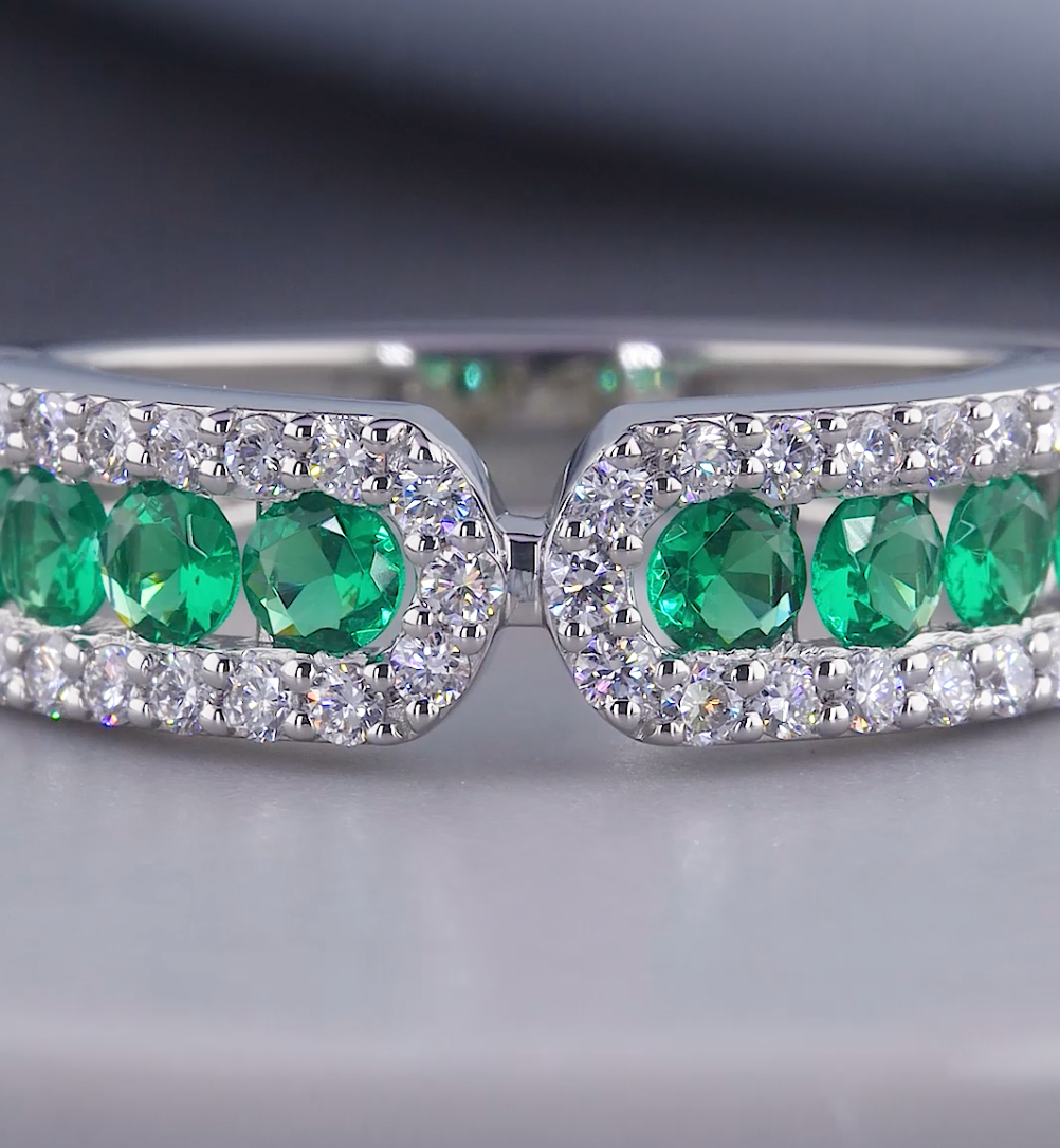 1.30 CT Green Emerald & Lab Grown Diamond Open Cuff Ring | E VS1 IGI Certified | Jenny Jewells