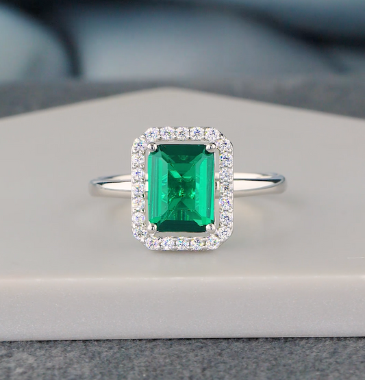 2.20 CTW Green Emerald Gemstone Halo Engagement Ring | Round Diamond Accents | Gold & Platinum