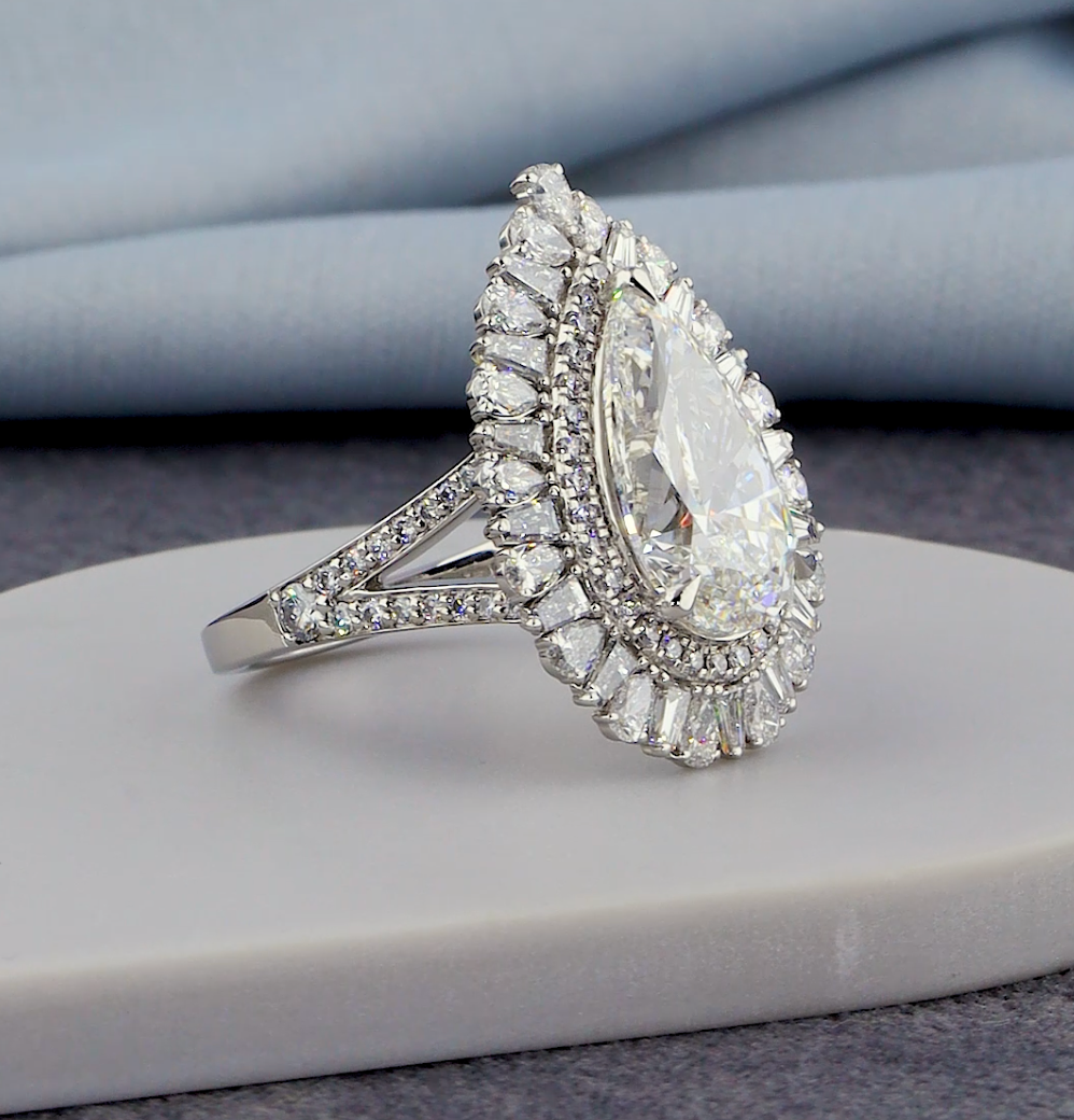 7.20 CTW Pear Cut Lab-Grown Diamond Engagement Ring | Baguette & Pear Accents | IGI Certified