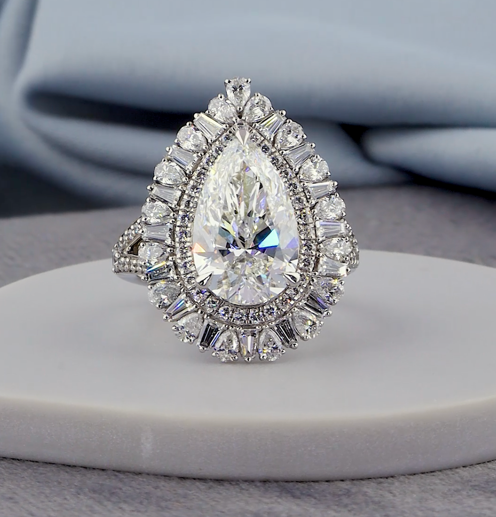 7.20 CTW Pear Cut Lab-Grown Diamond Engagement Ring | Baguette & Pear Accents | IGI Certified