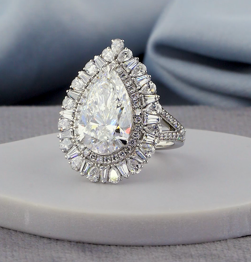 7.20 CTW Pear Cut Lab-Grown Diamond Engagement Ring | Baguette & Pear Accents | IGI Certified