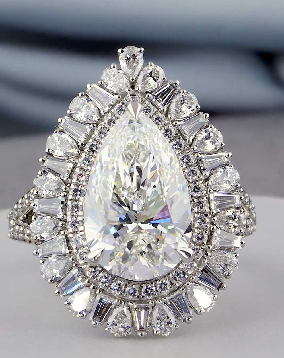7.20 CTW Pear Cut Lab-Grown Diamond Engagement Ring | Baguette & Pear Accents | IGI Certified