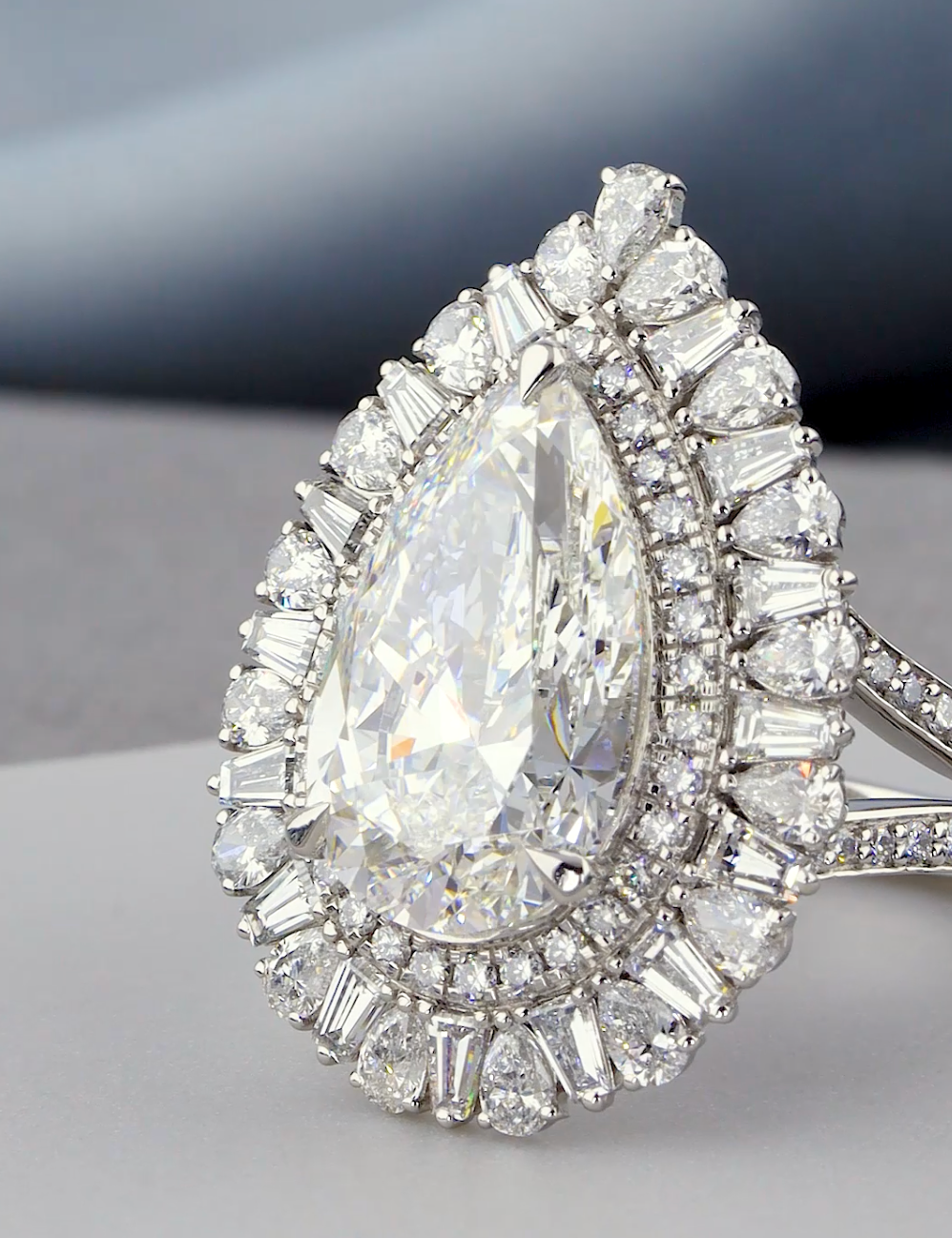 7.20 CTW Pear Cut Lab-Grown Diamond Engagement Ring | Baguette & Pear Accents | IGI Certified