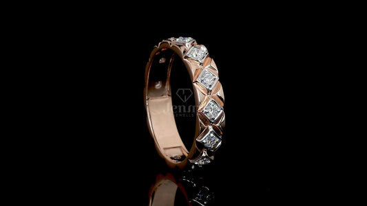 Rose gold band ring with 14 round diamonds in geometric square settings, total weight 1.40 carats – Jenny Jewells