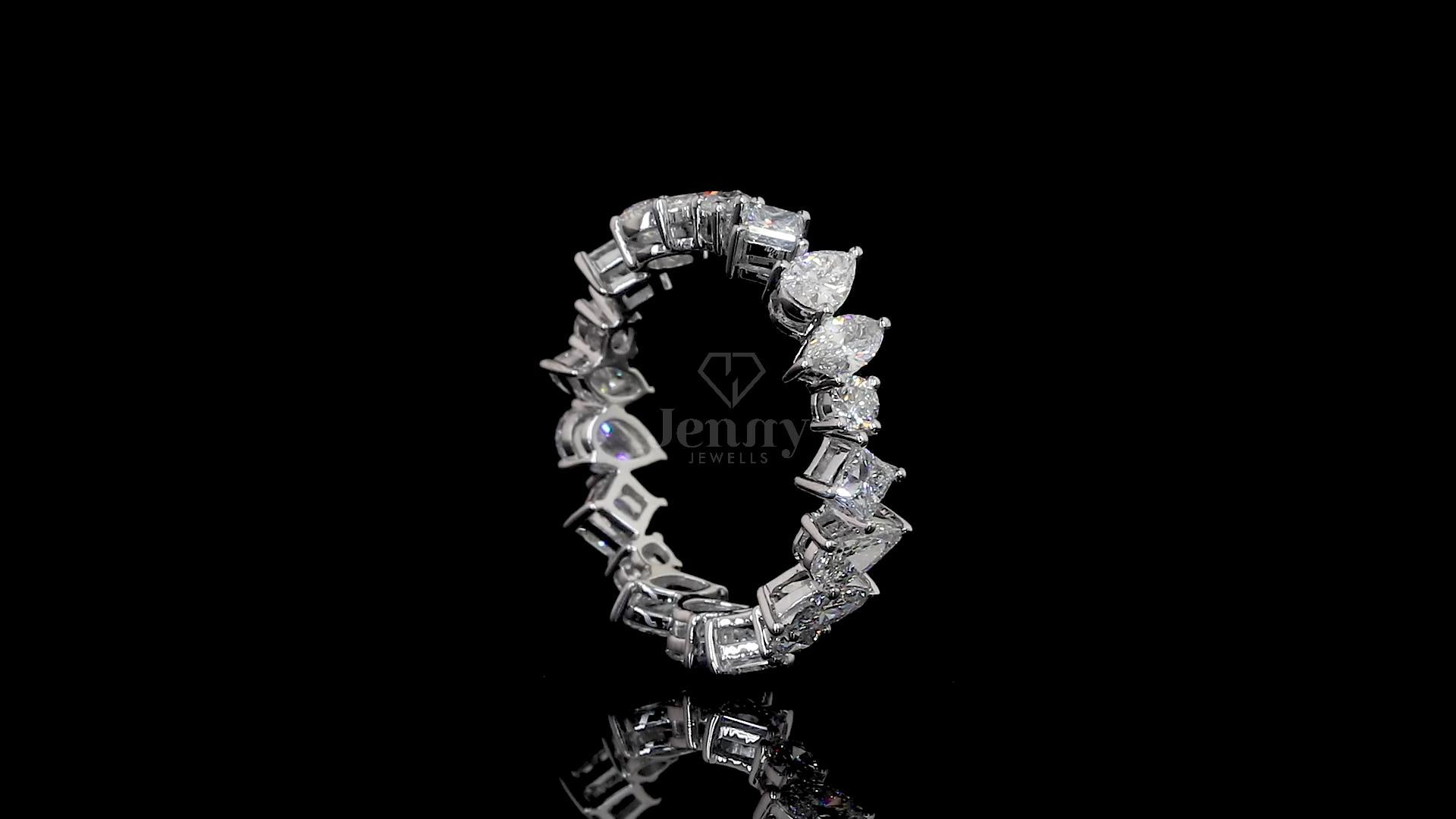 Mixed cut eternity ring with 4 Ct lab-grown diamonds in princess, pear, marquise, and round shapes, set in 14K or 18K gold – Jenny Jewells

