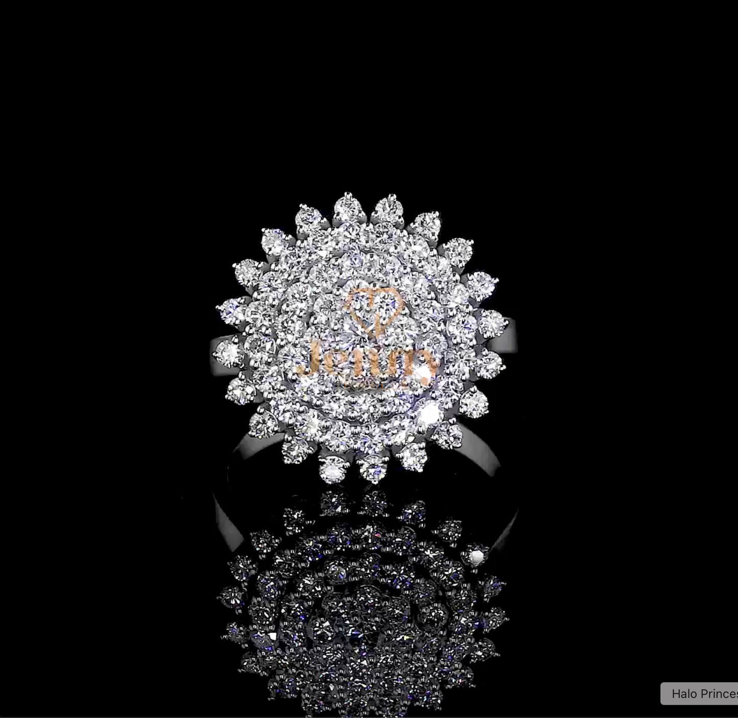 Sunburst-inspired diamond ring featuring a round center stone, accent diamonds, and a premium gold band available in white, yellow, or rose gold.