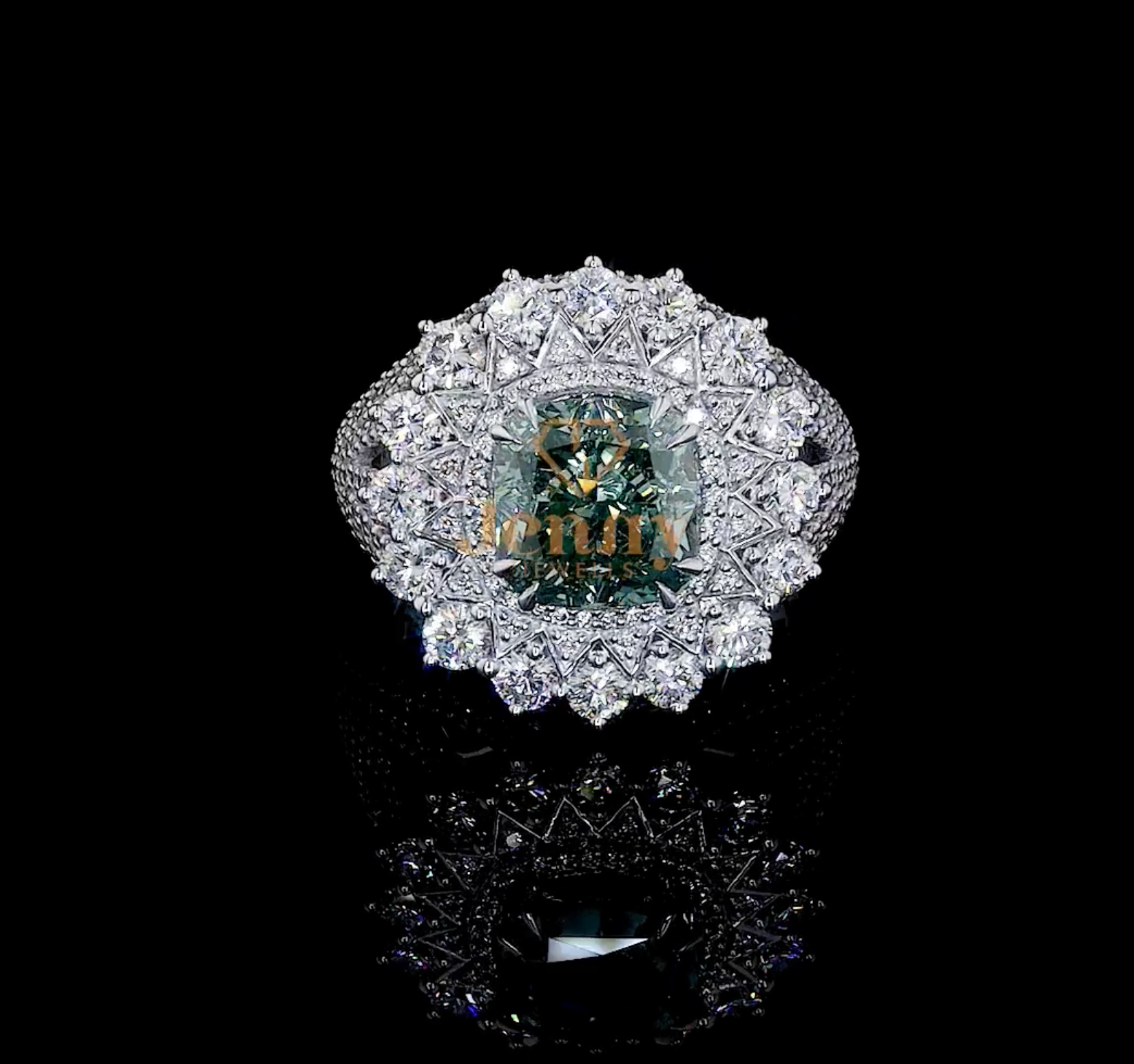 Vivid Green Diamond Ring with a 4.13 CT green diamond and round white diamond accents, set in white, yellow, or rose gold. A rare and elegant jewelry piece.