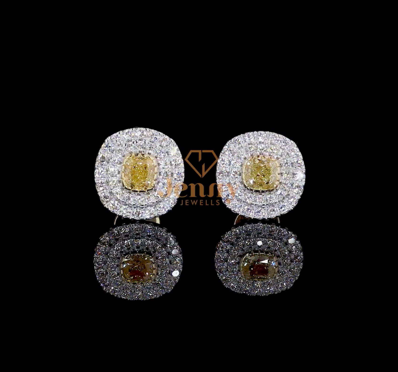 Yellow Diamond Double Halo Earrings with a vibrant center stone, set in white, yellow, or rose gold, surrounded by white diamonds for enhanced brilliance and elegance.