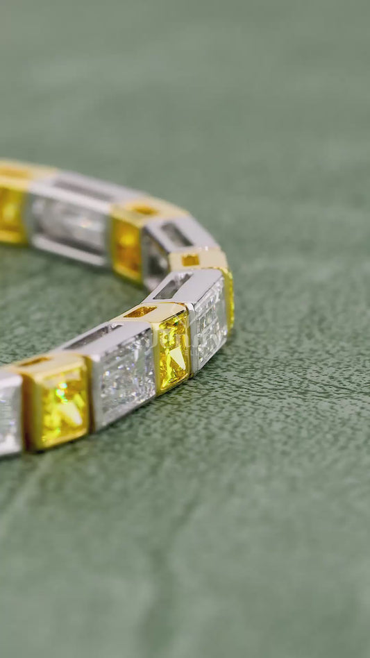Baguette & Yellow Princess Cut Lab Grown Diamond Bracelet | 9.01 CT EF-VVS Diamonds | Two-Tone Gold & Platinum Luxury Bracelet