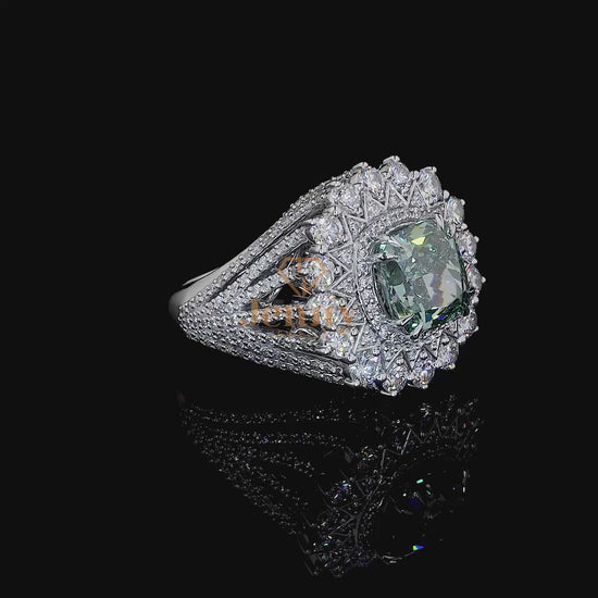 Vivid Green Diamond Ring with a 4.13 CT green diamond and round white diamond accents, set in white, yellow, or rose gold. A rare and elegant jewelry piece.