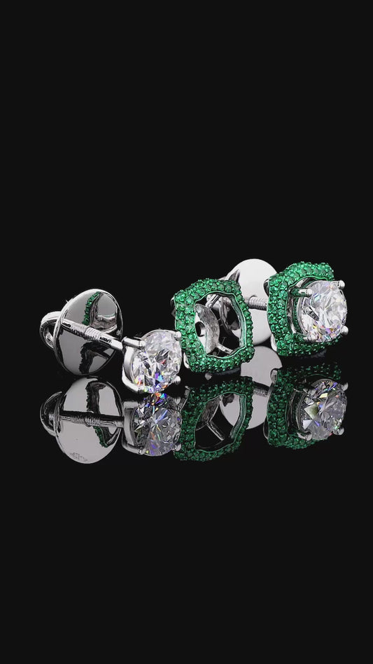 Round Cut Lab Grown Diamond & Green Gemstone Halo Earrings | 2.60 CT E-VS1 Diamonds | Luxury Gold & Platinum Earrings