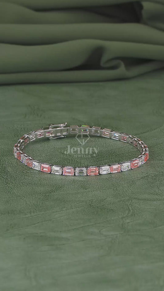 Pink & White Emerald Diamond Tennis Bracelet