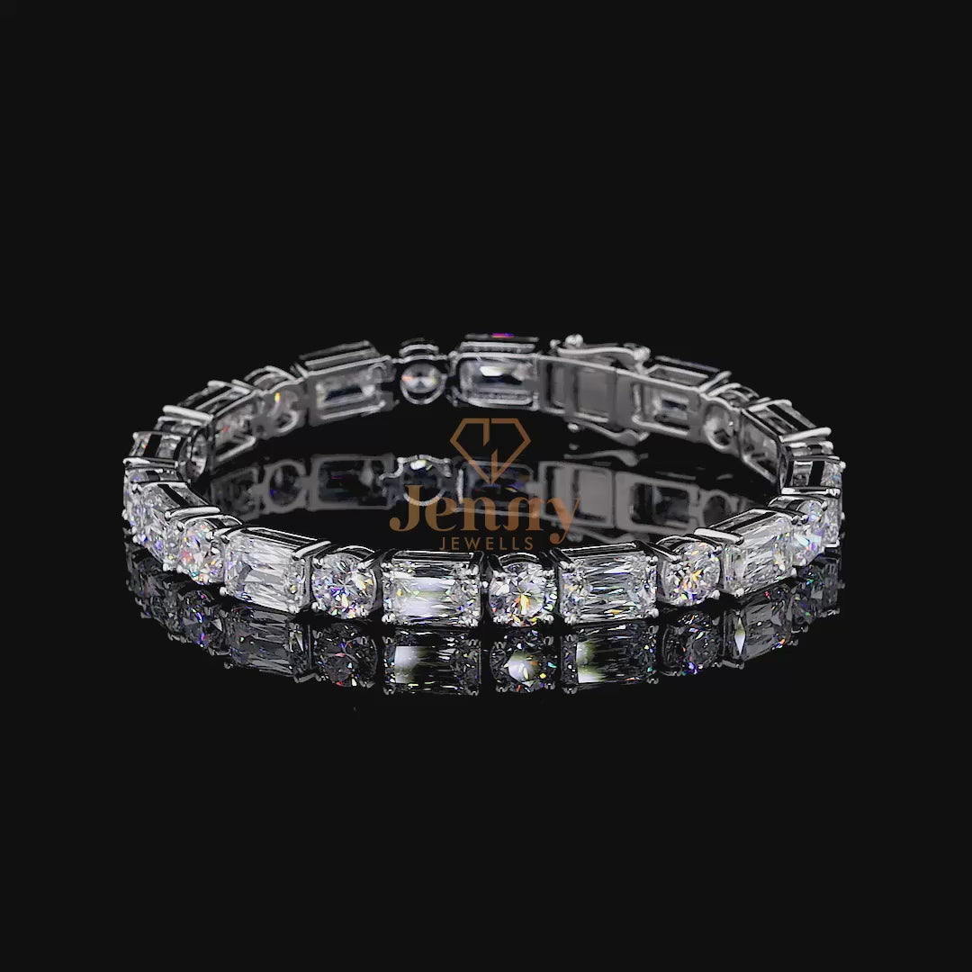 Radiant-Cut Diamond Tennis Bracelet with 26.15 CT of radiant and round-cut diamonds set in white, yellow, or rose gold. A sleek and modern jewelry masterpiece.