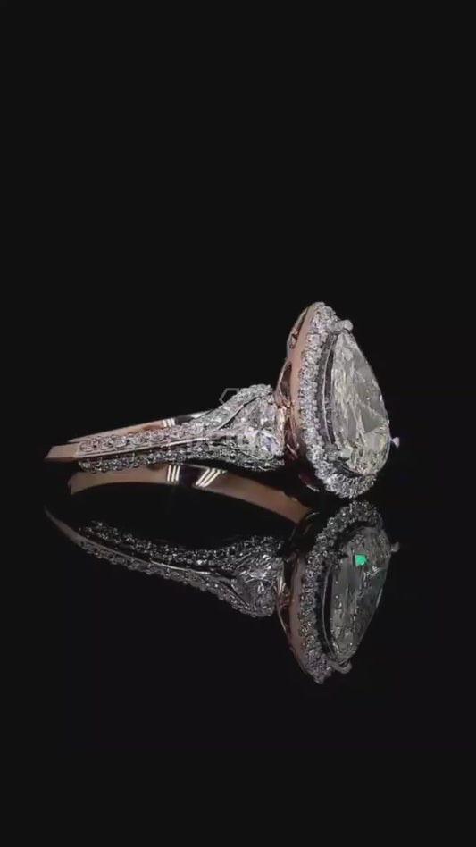 1.00 CT Pear Cut Lab Grown Diamond Ring | 2.61 CT E VS1 Three-Stone Ring | IGI Certified | Pear Diamond Halo Three-Stone Ring