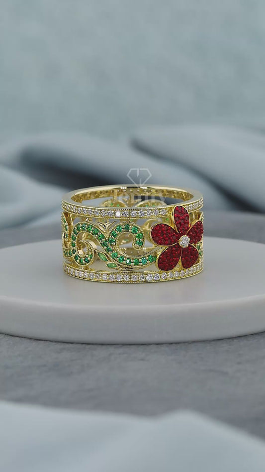 2.00 CT Ruby & Emerald Floral Wide Band Ring | 0.60 CT Diamond Accent | E VS1 IGI Certified