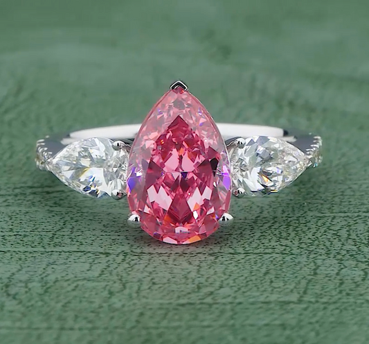 6.58 CT Ice Pink Pear Cut Lab Grown Diamond Ring | 8.08 CT E-F VVS Three Stone Ring | Jenny Jewells