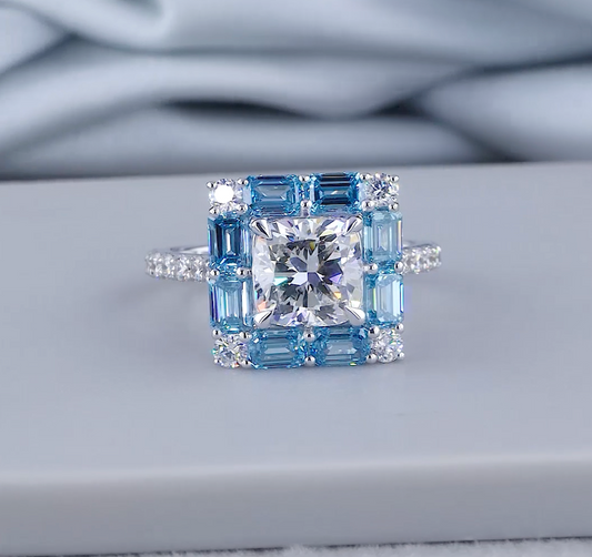 2.03 CT Cushion Cut Lab Grown Diamond Ring | 4.36 CT E VS Blue Emerald Halo Ring | IGI Certified | Blue Emerald Halo Cushion Cut Diamond Ring