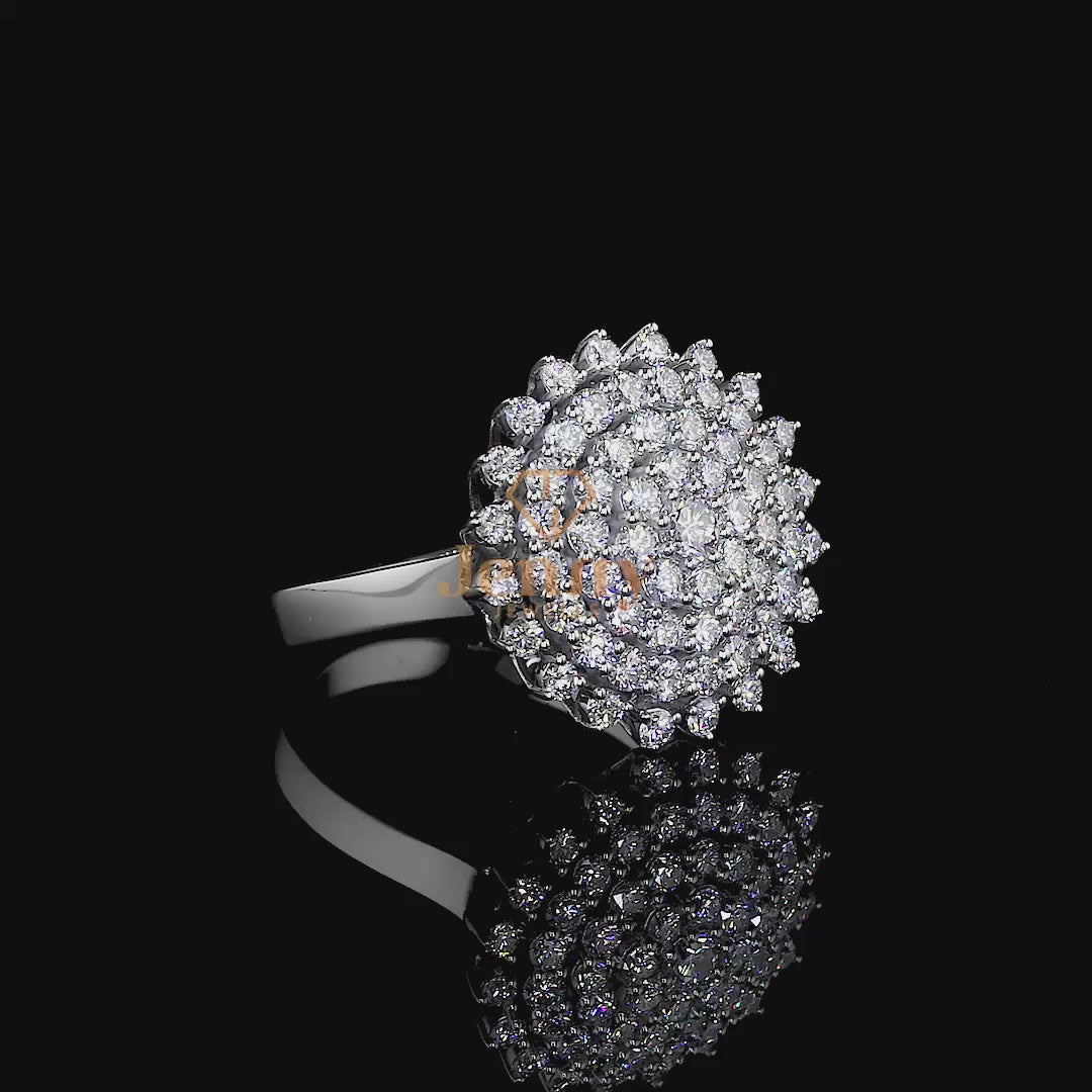 Sunburst-inspired diamond ring featuring a round center stone, accent diamonds, and a premium gold band available in white, yellow, or rose gold.