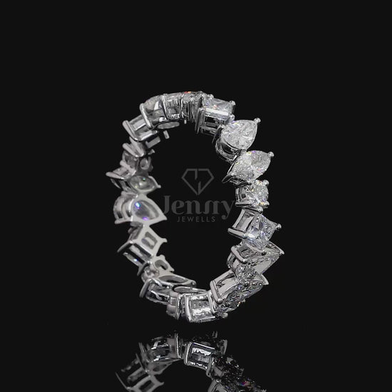 Mixed cut eternity ring with 4 Ct lab-grown diamonds in princess, pear, marquise, and round shapes, set in 14K or 18K gold – Jenny Jewells

