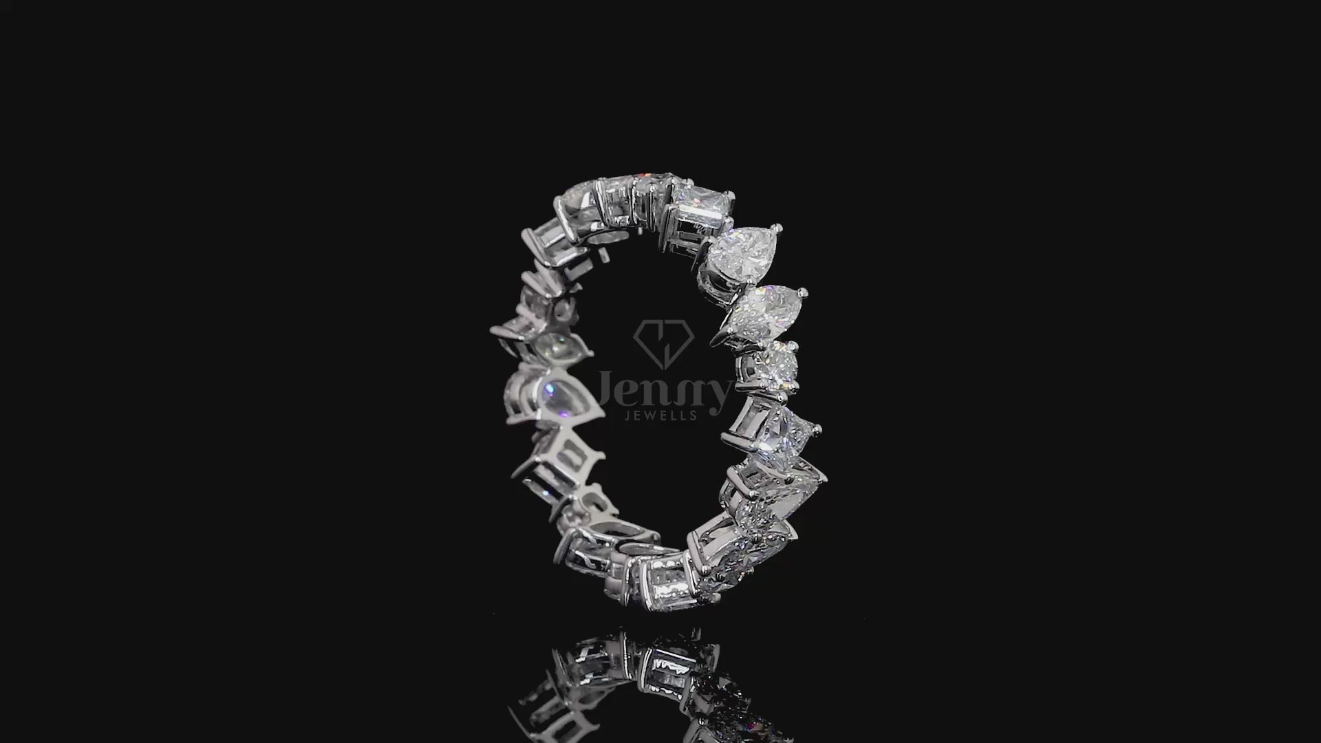 Mixed cut eternity ring with 4 Ct lab-grown diamonds in princess, pear, marquise, and round shapes, set in 14K or 18K gold – Jenny Jewells

