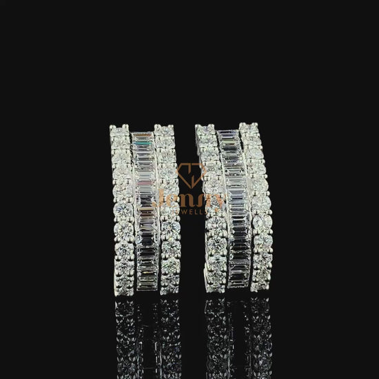 Royal Earrings with baguette and round-cut diamonds set in white, yellow, or rose gold. A luxurious and timeless jewelry piece designed for elegance and sophistication.